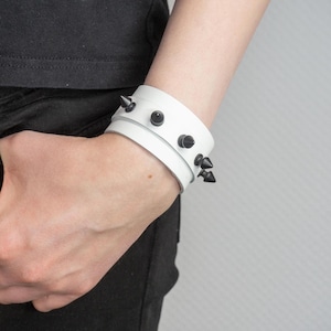 White Leather Bracelet with Black Spike Studs