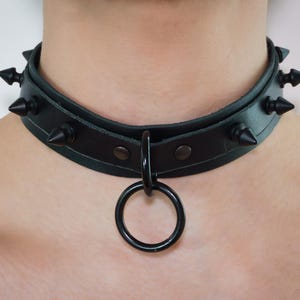 Black Leather Choker with Spikes and Rings