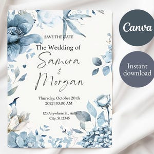 Dusty Blue Floral Wedding Invitation Template Watercolor Save the Date Printable Editable Canva Elegant Blue Botanical, Instant Download