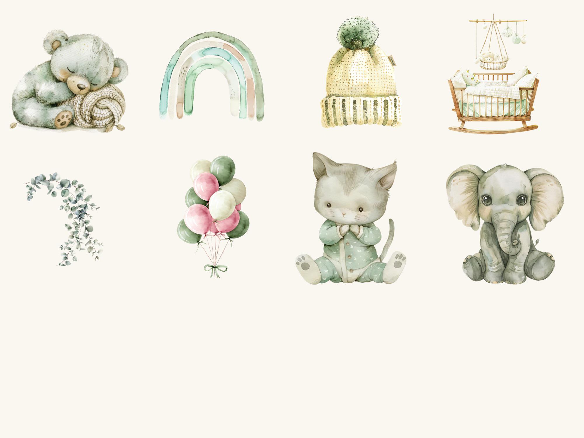 Baby Shower Clipart Bundle 20 PNG | Boho Sage Green Nursery Clipart ...