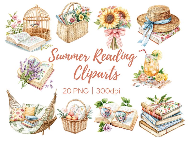Summer Reading Watercolor Clipart Bundle PNG | Bookish Cottagecore Book ...