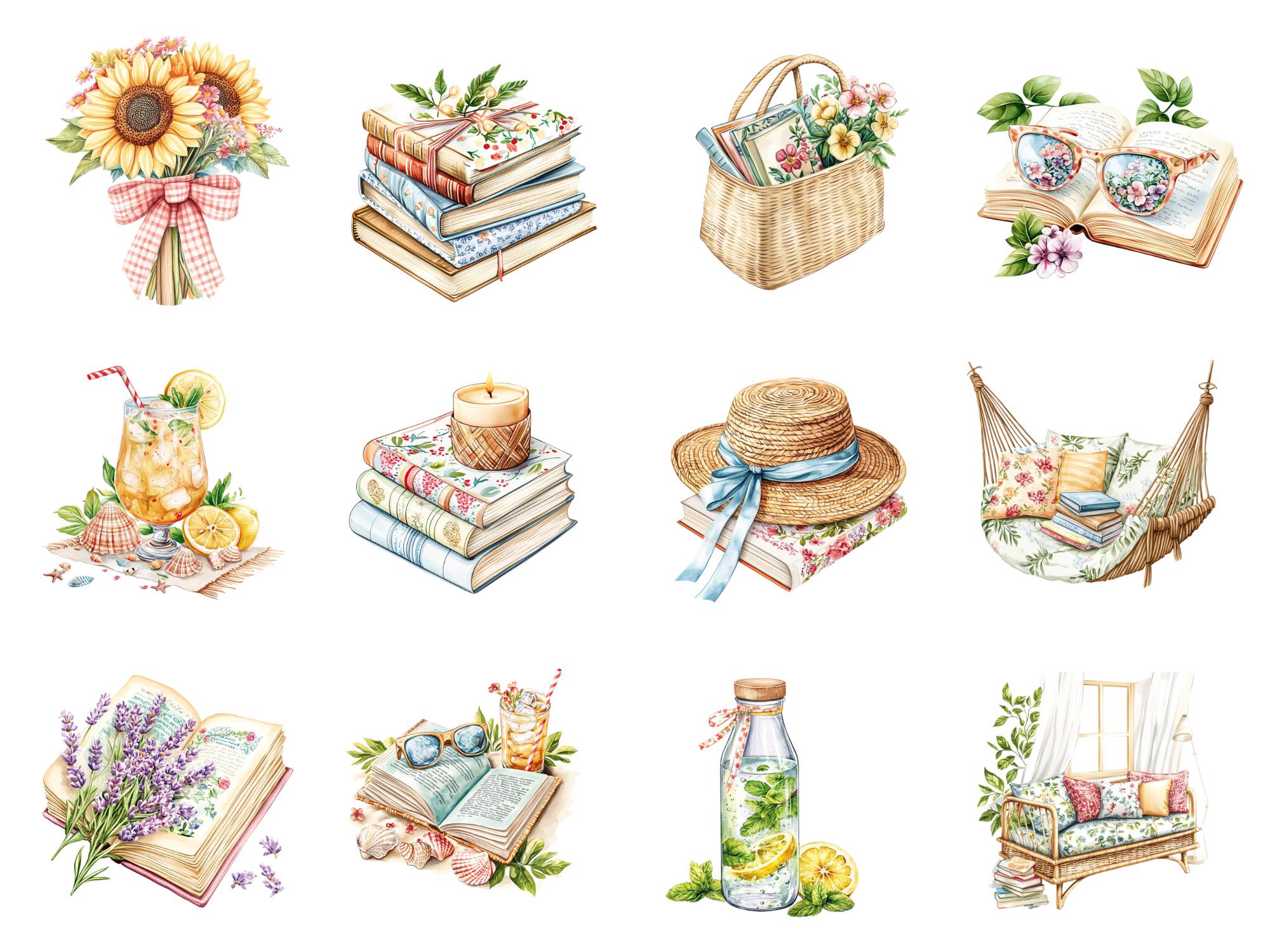 Summer Reading Watercolor Clipart Bundle PNG | Bookish Cottagecore Book ...