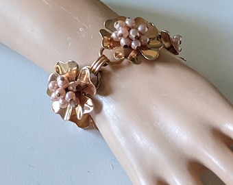 Vintage 1950s Metal + Articulated Bead Cherry Blossom Bracelet