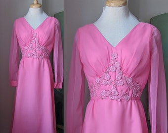 Vintage 1960s 1970s Jeri Originals Hot Cherry Pink Maxi Dress Gown