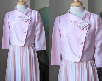 Ensemble robe rose + veste Grenet Paris vintage des années 1960