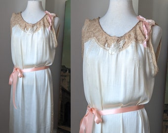Vintage 1920s Cream Silk Satin Nightgown with Ribbons
