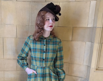 Vintage 1940s Green + Yellow Plaid Flannel Shirtwaist Dress