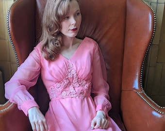 Vintage 1970s Jeri Originals Hot Cherry Pink Maxi Dress Gown