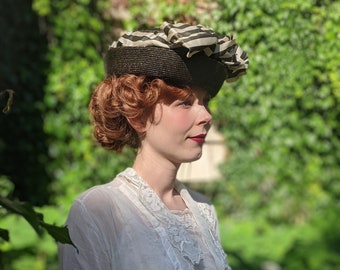 RARE Antique 1900s 1910s Black Straw Hat with Striped Silk Bows