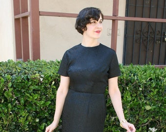 Vintage 1950s to 1960s Black Rayon Satin Brocade Dress