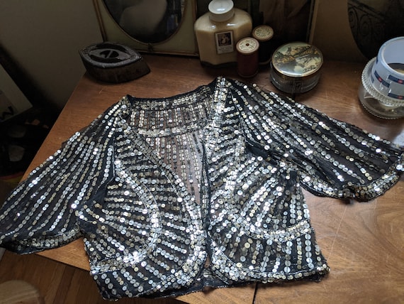 1930s Black & Silver Sequin Flutter Sleeve Bolero