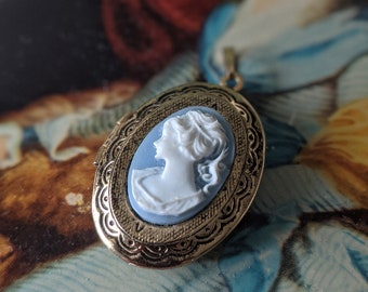 Vintage 1960s Blue + Cream  Resin Cameo Locket Pendant