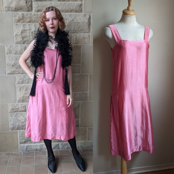 1920s bright pink woven rayon satin slip