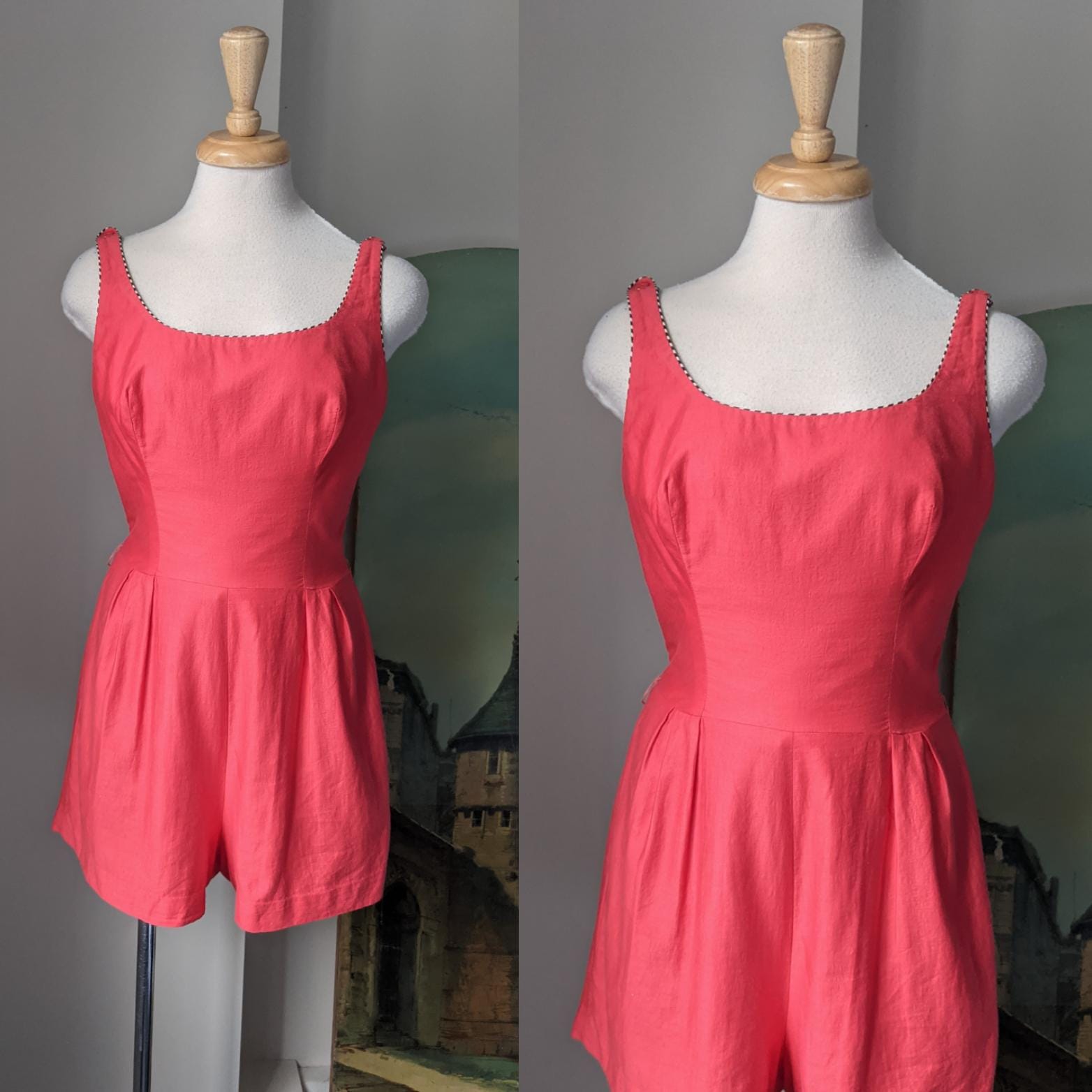 Vintage 1950s Carolyn Schnurer Coral Red Cotton Bathing Suit Sun Suit Romper