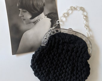 Vintage 1930s Black Crochet Cordé + Lucite Frame Purse