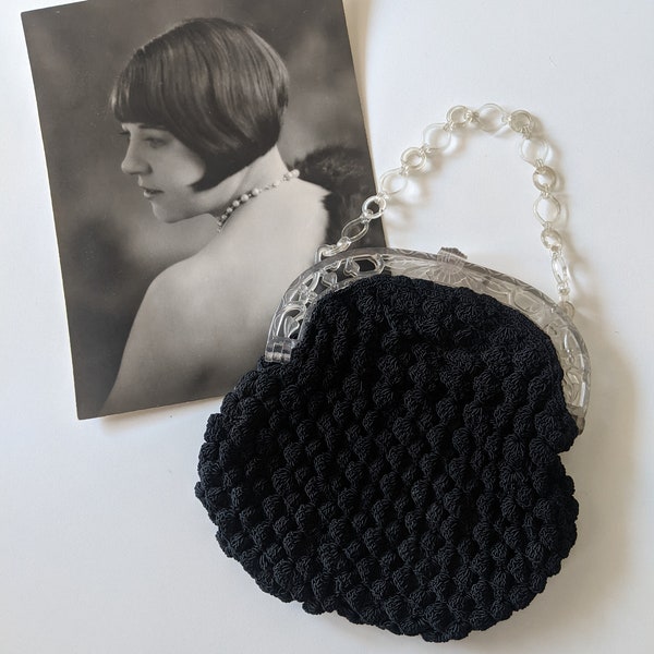 Vintage 1930s Black Crochet Cordé + Lucite Frame Purse