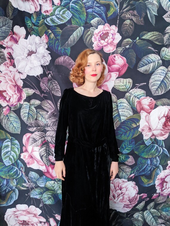 Vintage Early 1930s Black Silk Velvet Gown