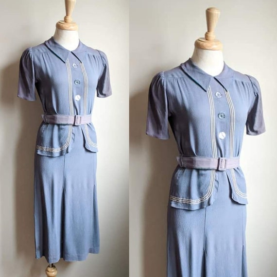 AS IS 1930s Blue Sailor Style Crepe Rayon Dress +