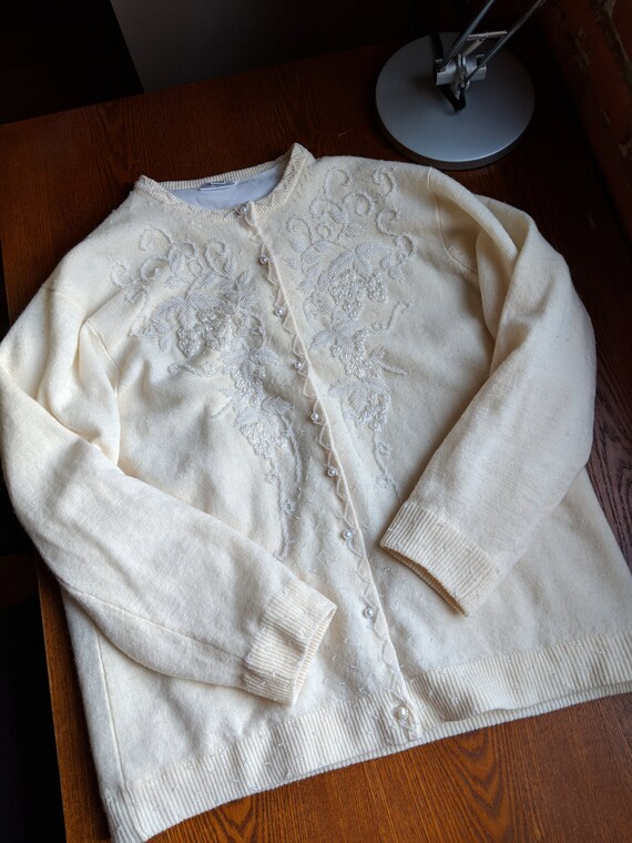 1950s 1960s Winter Ivory Beaded Cardigan