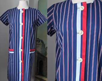 Vintage 1960s Cotton Linen Blue Red White Striped Shift Dress