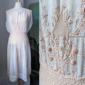 Antique 1920s Pale Apricot Embroidered Bohemian Sleeveless Dress