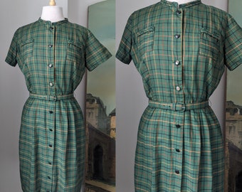 Vintage 1950s 1960s Mar-Bel Fabric by Dan River Button Front Short Sleeved Dress with Matching Belt