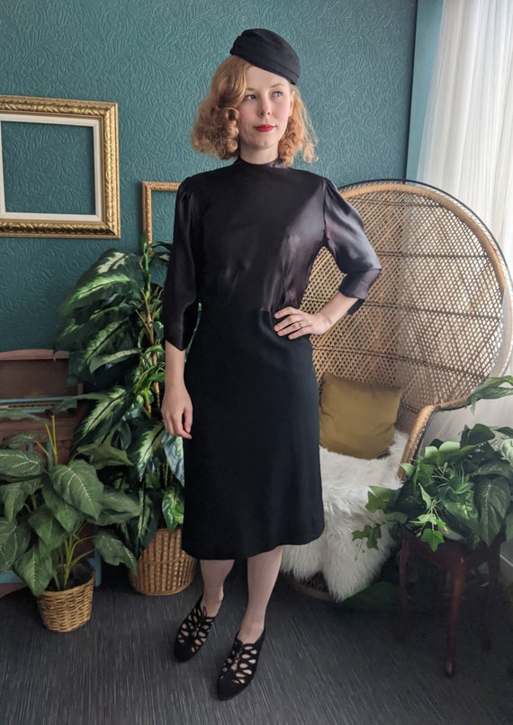 AS IS 1930s Black Liquid Satin & Wool Dress