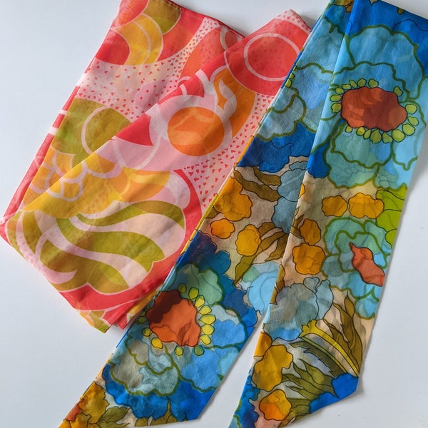 Lot of 2 Vintage 1960s 1970s Vibrant Floral Scarves