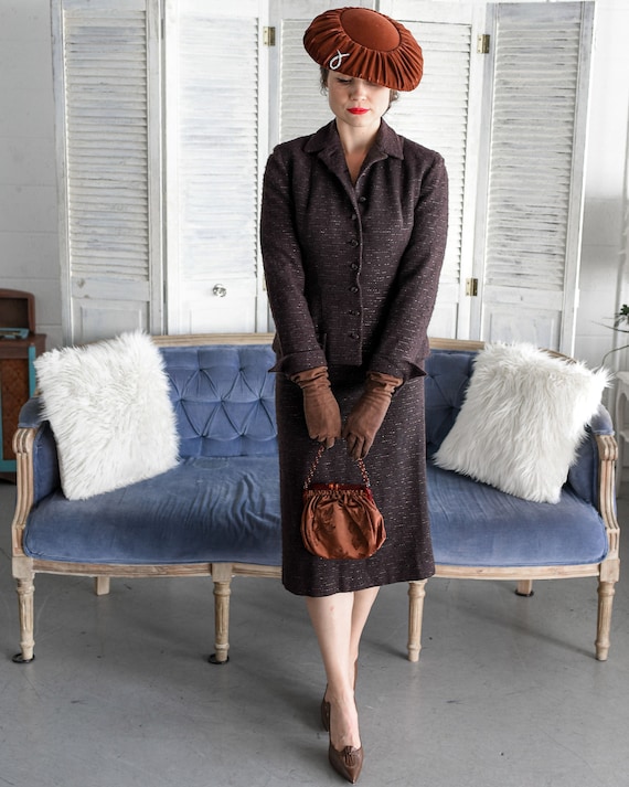 1950s Brown Metallic Flecked Wool Jersey Skirt Sui