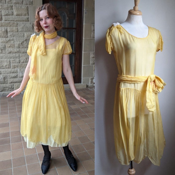 AS IS 1920s Canary Yellow Chiffon Flapper Dress