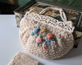 Antique 1920s 1930s Knitted Floral Bag with Ornate Frame