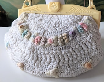 Vintage 1930s White Crocheted Purse with Carved Celluloid Frame