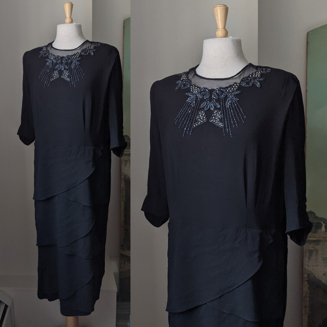 XL 1940s Little Black Dress Rayon Volup Beaded Illusion Neckline Evening Cocktail Gown LBD