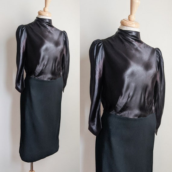 AS IS 1930s Black Liquid Satin & Wool Dress