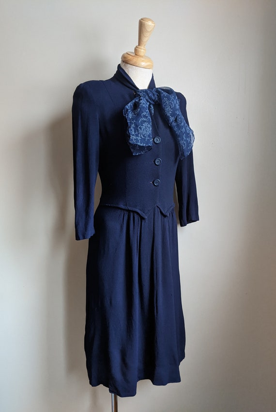 AS IS 1940s Navy Crepe Rayon Scarf Dress