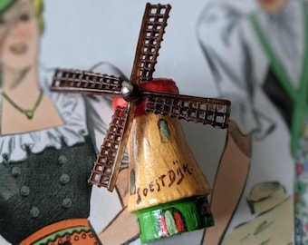 Vintage 1930s Painted Wood + Celluloid Dutch Windmill Brooch Pin