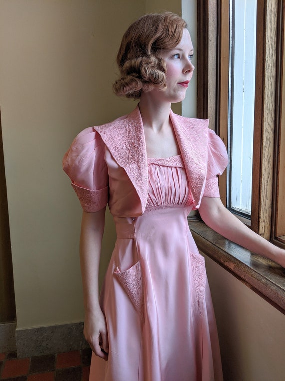 Late 1930s Pink Taffeta Dress & Bolero Set