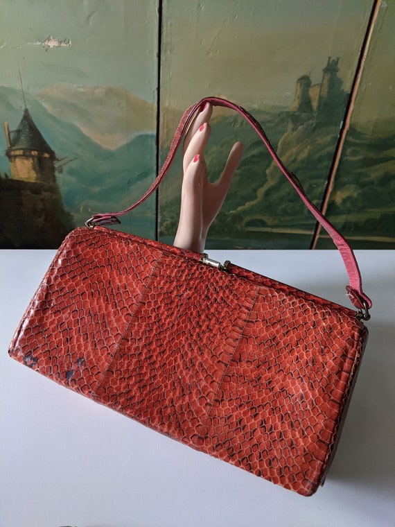 Vintage 1940s Red Dyed Snakeskin Frame Purse