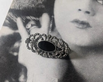 Antique 1920s Black Onyx Beaded Metal Marcasite Effect Brooch