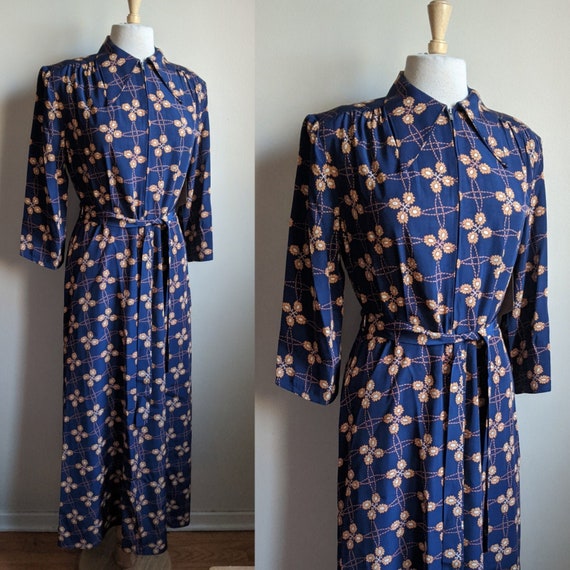 1940s Evelyn Pearson Royal Blue Floral Print Hoste
