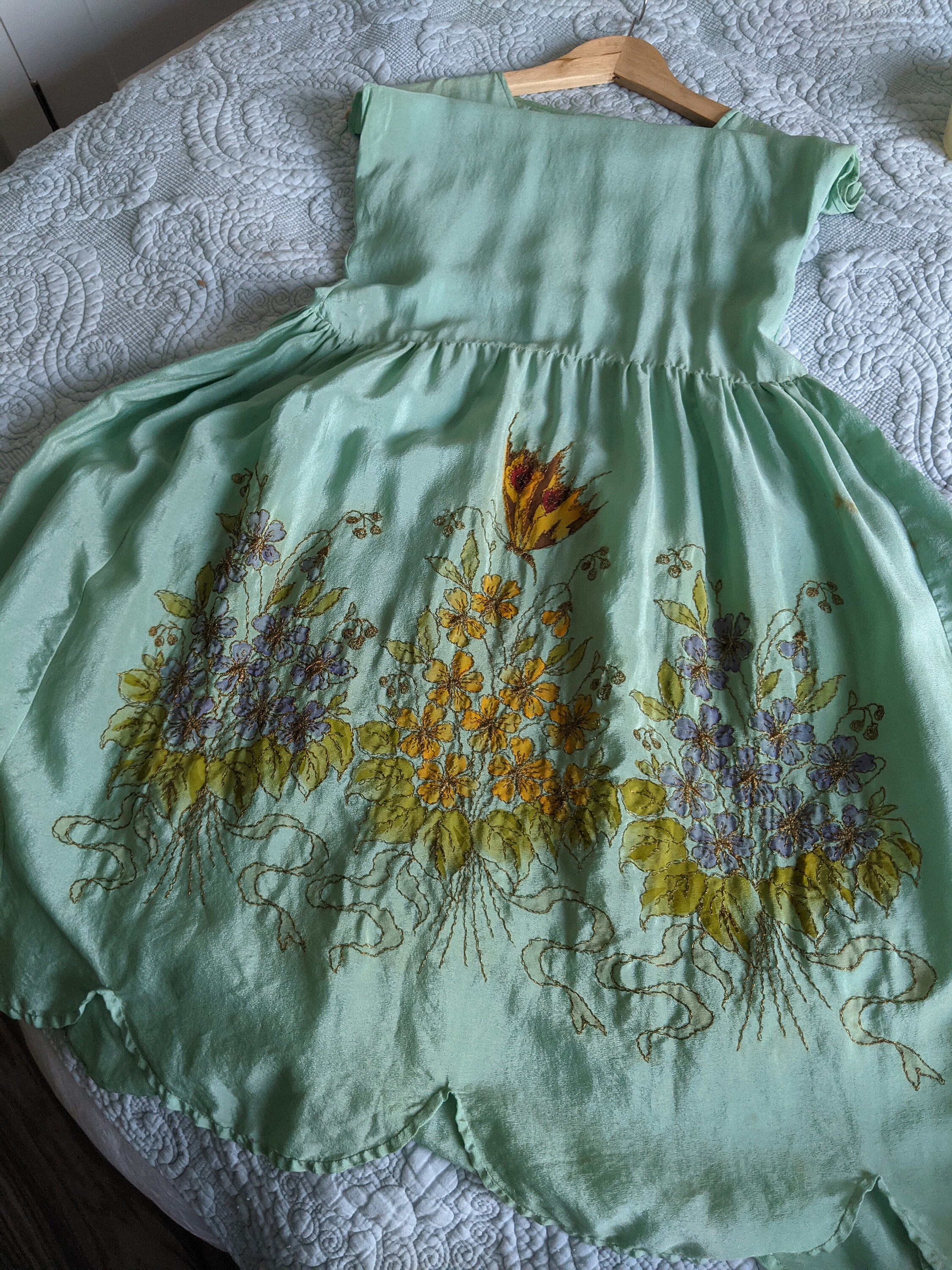 AS IS Vintage 1920s Hand Painted Silk Aqua Dress