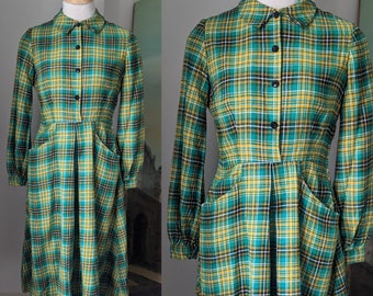 Vintage 1940s Green + Yellow Plaid Flannel Shirtwaist Dress