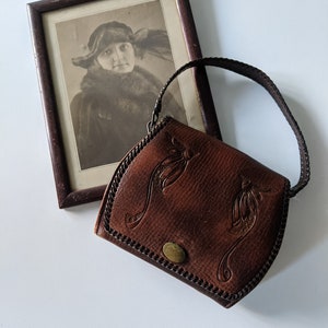 Antique 1910s 1920s Arts + Crafts Art Nouveau Embossed Leather Bag