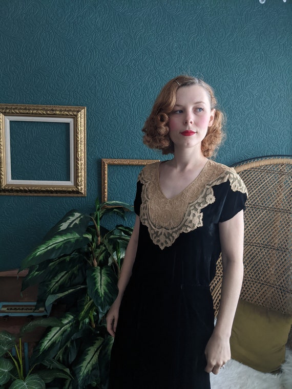 AS IS Early 1930s Antique Lace & Black Velvet Dres