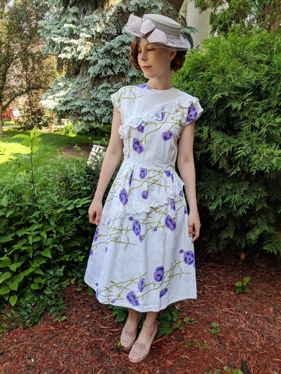 1940s White Textured Cotton Purple Floral Dress