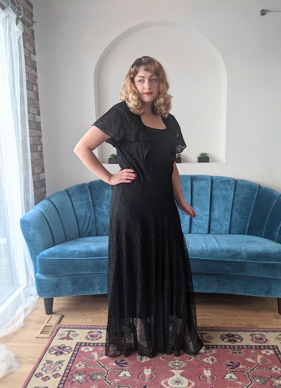 AS IS 1930s 1940s Black Sheer Chantilly Lace Gown