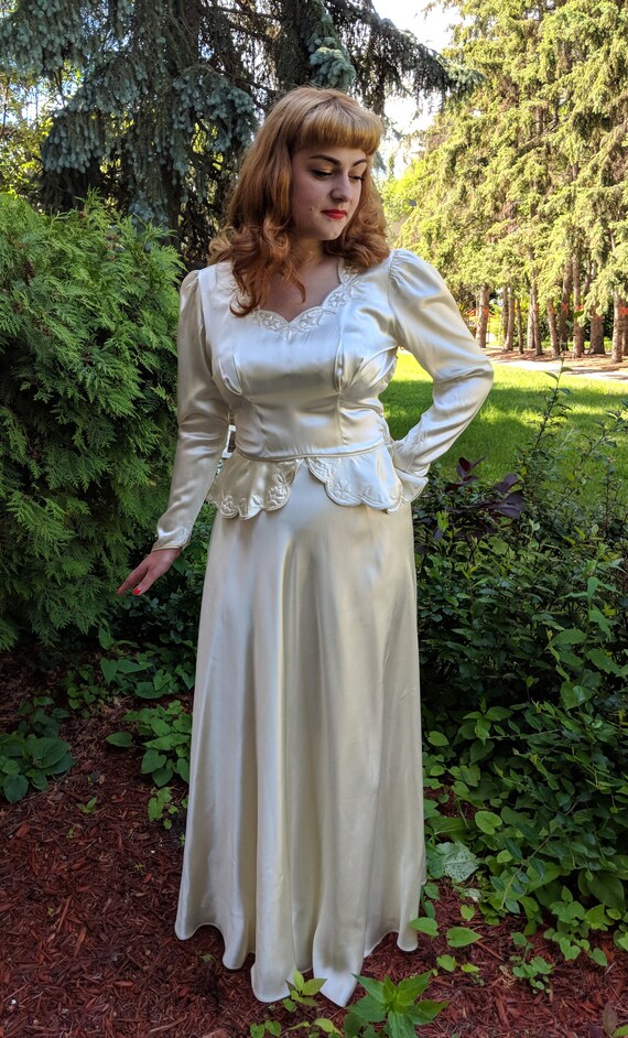 1940s Starlet Candlelight Satin Peplum Wedding Gow