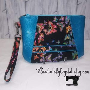 READY TO SHIP - Multicolored Butterflies on Black Sunshine Wristlet with Turquoise Sparkle Glitter Vinyl