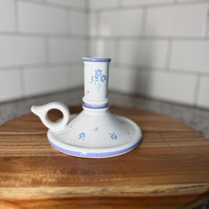 Vintage White Chamberstick Candle Holder with Dainty Blue Floral Design – French Countryside Inspired, Elegant Home Decor