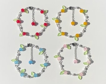 handmade waterproof summer silver bracelet, fruit themed beaded bracelet, leaf charm stainless steel bracelet
